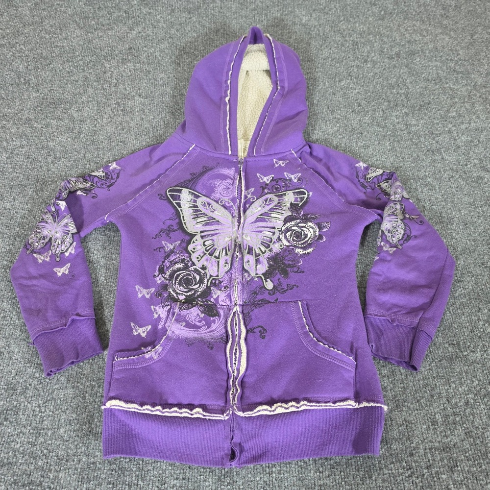 Y2K Knit Works Girls Purple Butterfly Graphic Sherpa Lined Zip Up Hoodie Size M